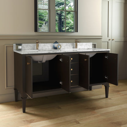 Woodbridge Roma 61" Espresso Solid Wood Vanity Base With Gold Hardware and Carrara Marble Top With Pre-Drilled Hole for Single Hole Faucet