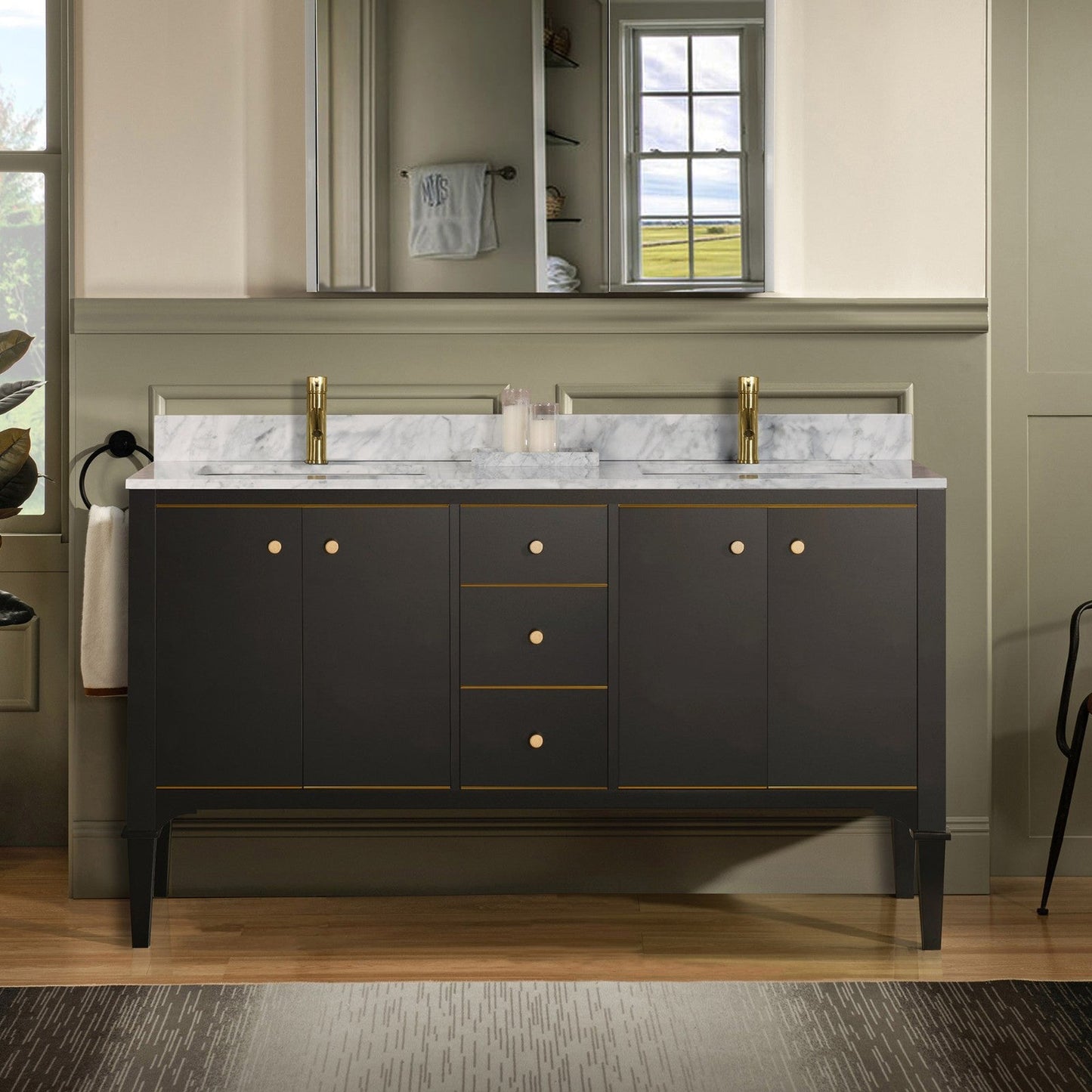 Woodbridge Roma 61" Espresso Solid Wood Vanity Base With Gold Hardware and Carrara Marble Top With Pre-Drilled Hole for Single Hole Faucet