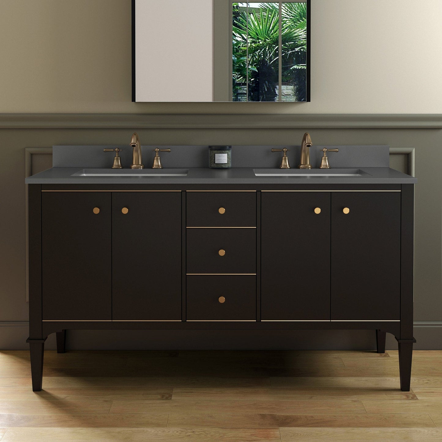 Woodbridge Roma 61" Espresso Solid Wood Vanity Base With Gold Hardware and Dark Gray Engineered Stone Composite Top With 3 Pre-Drilled Holes