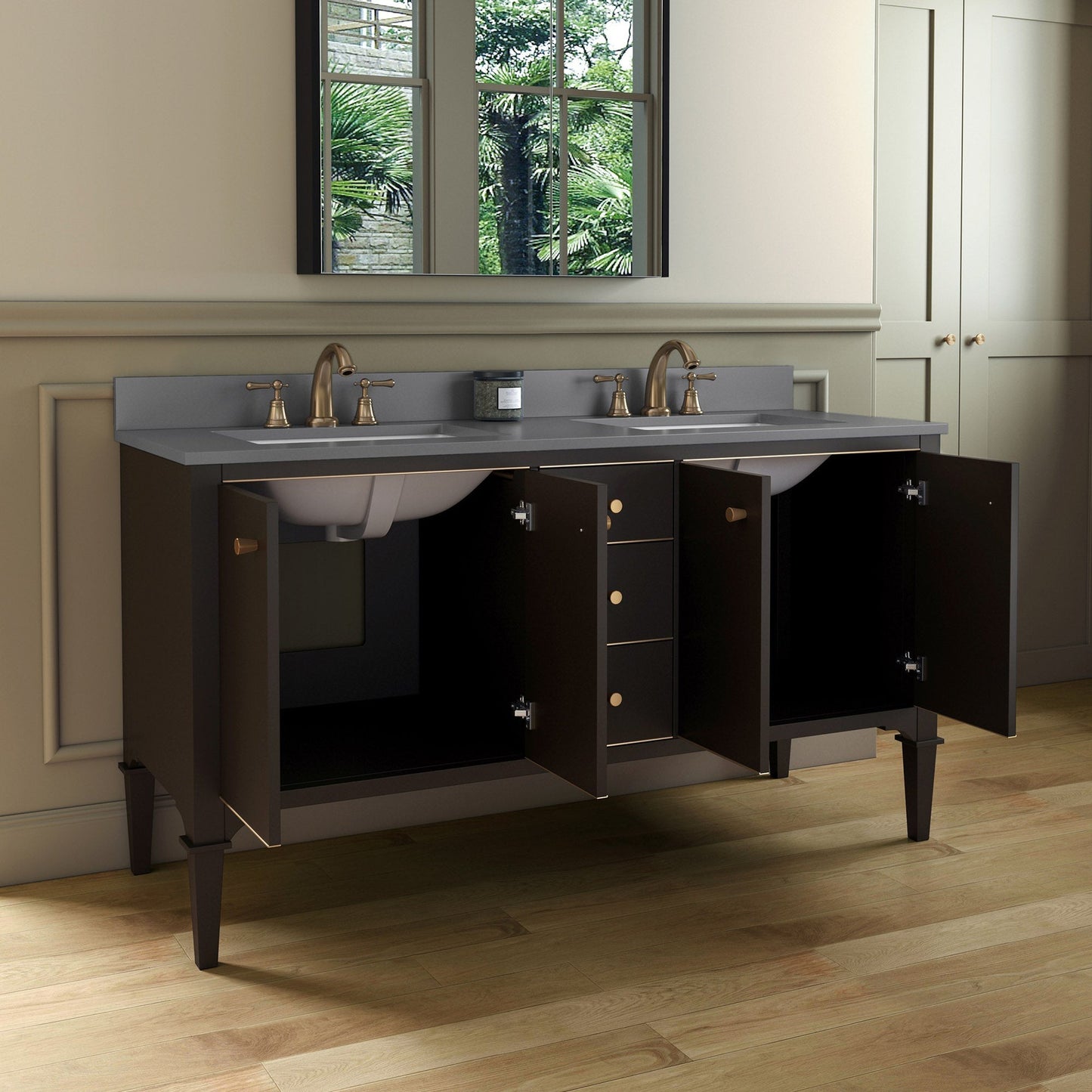 Woodbridge Roma 61" Espresso Solid Wood Vanity Base With Gold Hardware and Dark Gray Engineered Stone Composite Top With 3 Pre-Drilled Holes