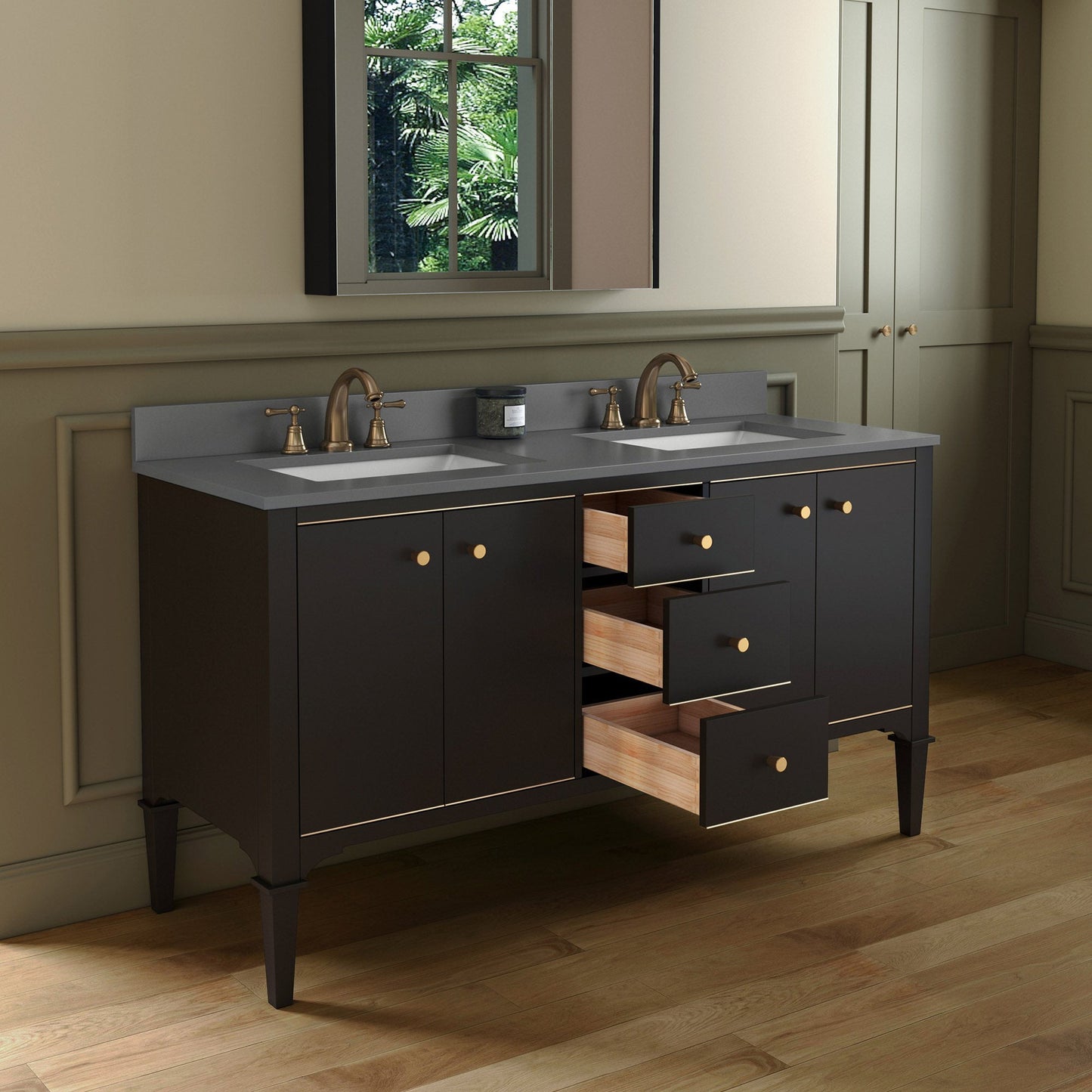 Woodbridge Roma 61" Espresso Solid Wood Vanity Base With Gold Hardware and Dark Gray Engineered Stone Composite Top With 3 Pre-Drilled Holes