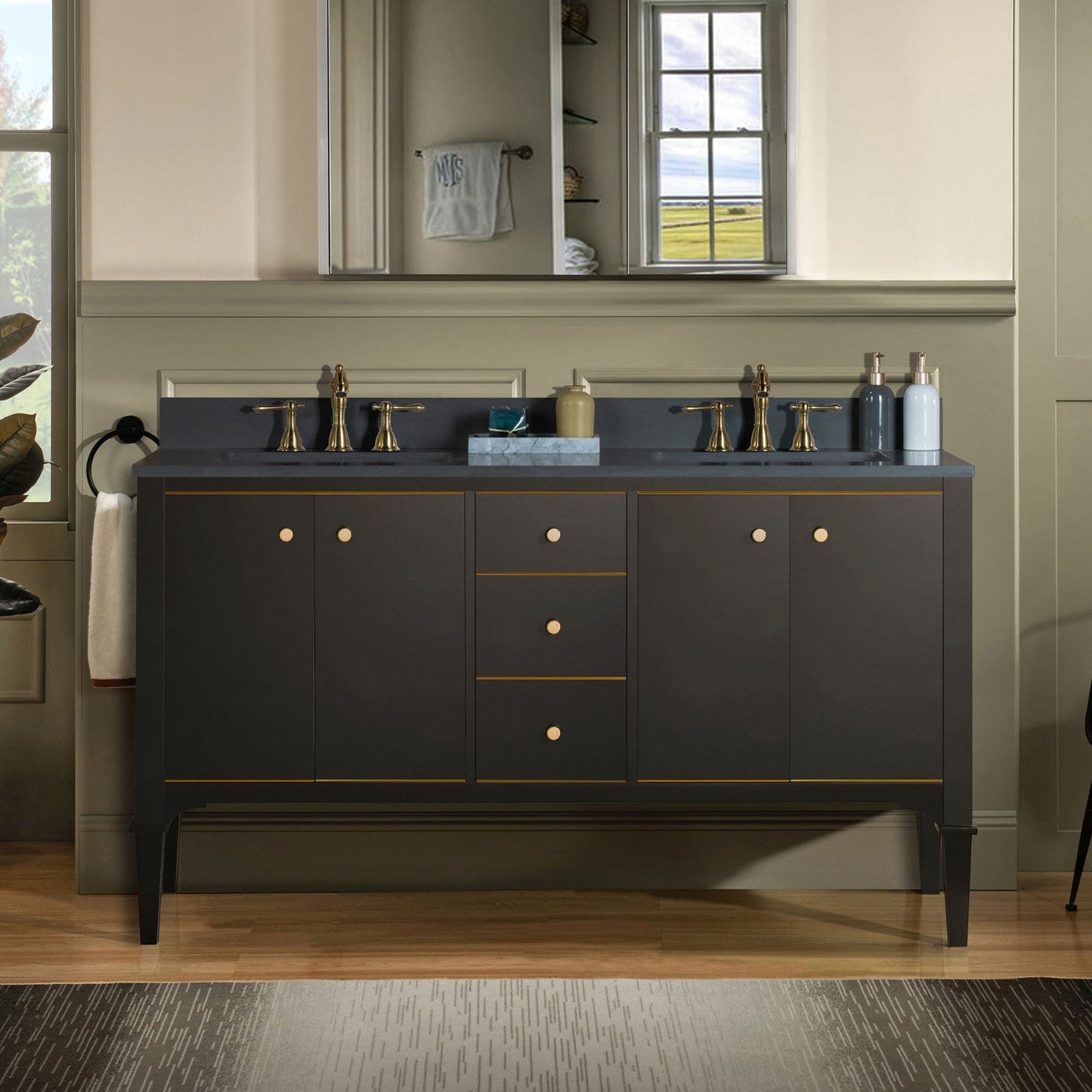 Woodbridge Roma 61" Espresso Solid Wood Vanity Base With Gold Hardware and Dark Gray Engineered Stone Composite Top With 3 Pre-Drilled Holes