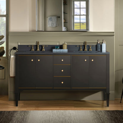 Woodbridge Roma 61" Espresso Solid Wood Vanity Base With Gold Hardware and Dark Gray Engineered Stone Composite Top With 3 Pre-Drilled Holes