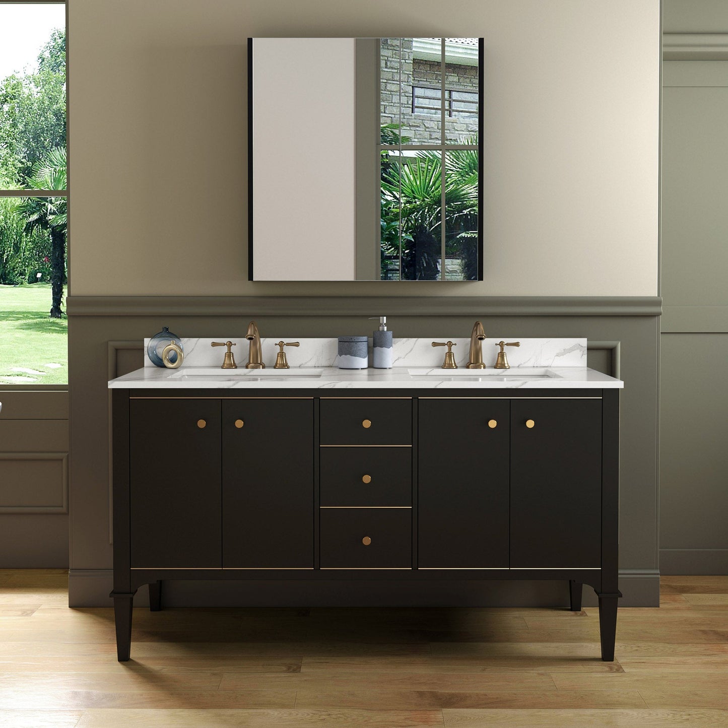 Woodbridge Roma 61" Espresso Solid Wood Vanity Base With Gold Hardware and Fish Belly Engineered Stone Composite Top With 3 Pre-Drilled Holes