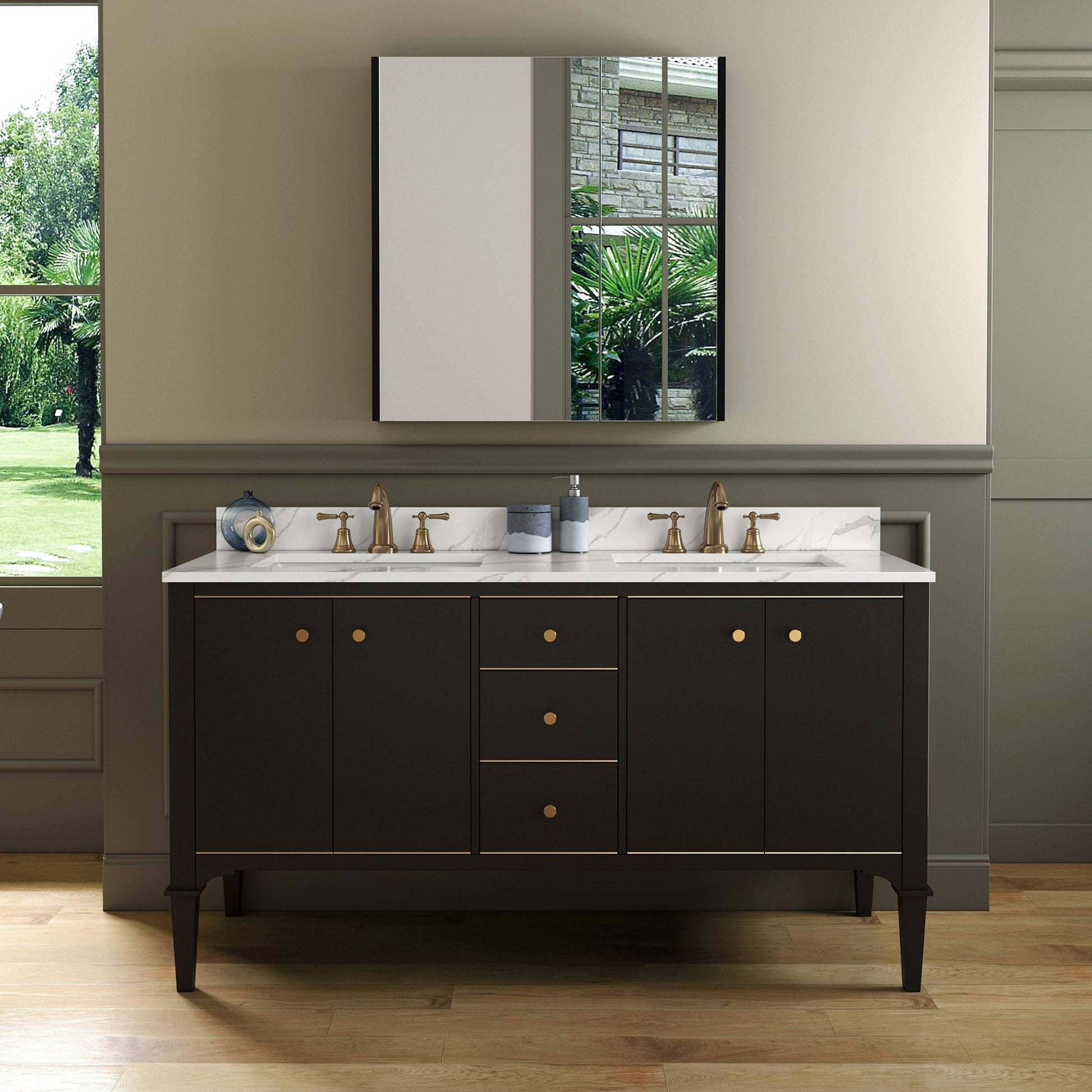 Woodbridge Roma 61" Espresso Solid Wood Vanity Base With Gold Hardware and Fish Belly Engineered Stone Composite Top With 3 Pre-Drilled Holes