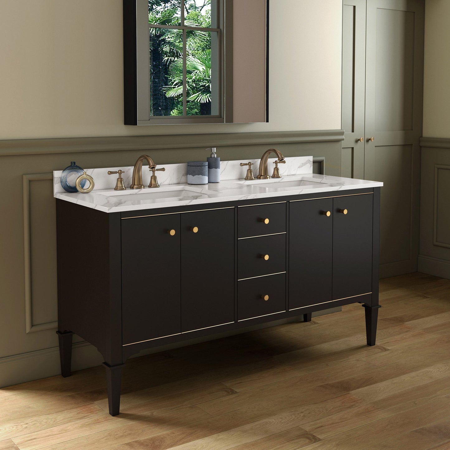 Woodbridge Roma 61" Espresso Solid Wood Vanity Base With Gold Hardware and Fish Belly Engineered Stone Composite Top With 3 Pre-Drilled Holes