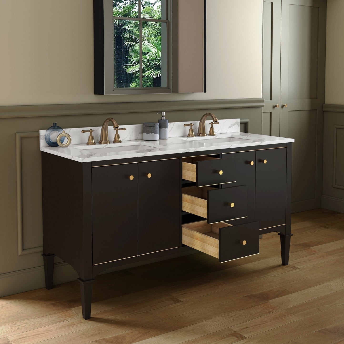 Woodbridge Roma 61" Espresso Solid Wood Vanity Base With Gold Hardware and Fish Belly Engineered Stone Composite Top With 3 Pre-Drilled Holes