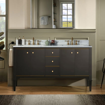 Woodbridge Roma 61" Espresso Solid Wood Vanity Base With Gold Hardware and Fish Belly Engineered Stone Composite Top With 3 Pre-Drilled Holes