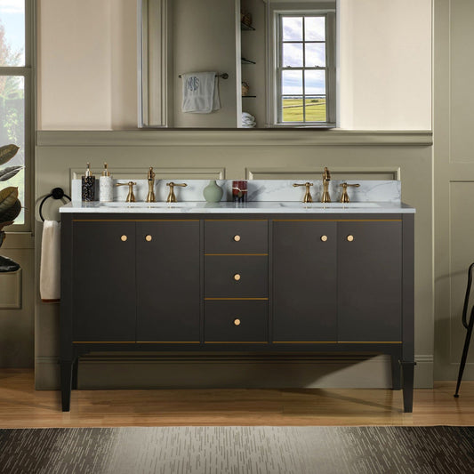 Woodbridge Roma 61" Espresso Solid Wood Vanity Base With Gold Hardware and Fish Belly Engineered Stone Composite Top With 3 Pre-Drilled Holes