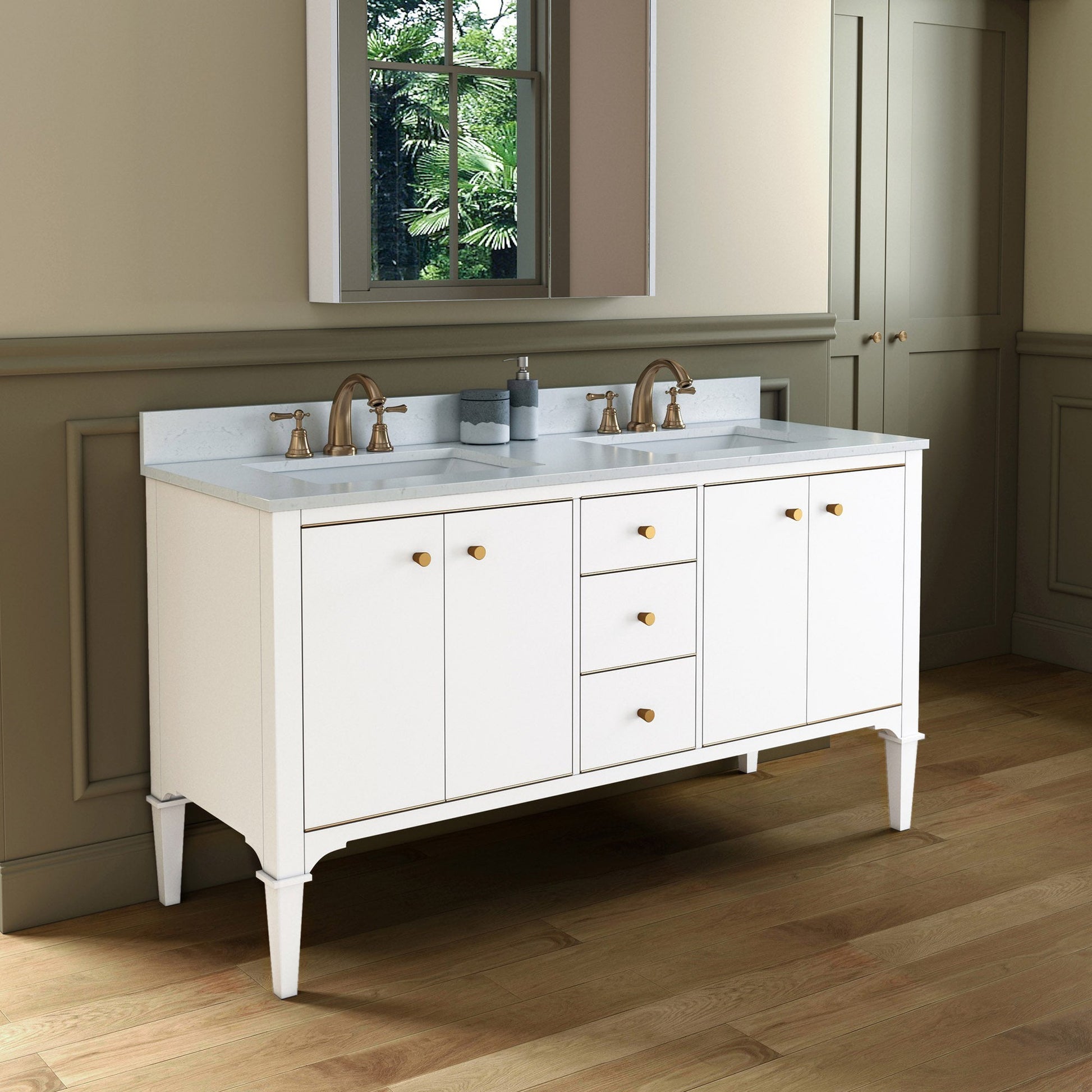 Woodbridge Roma 61" White Solid Wood Vanity Base With Gold Hardware and Carrara Engineered Stone Composite Top With 3 Pre-Drilled Holes