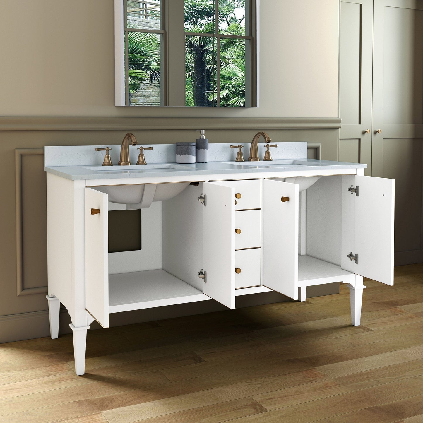 Woodbridge Roma 61" White Solid Wood Vanity Base With Gold Hardware and Carrara Engineered Stone Composite Top With 3 Pre-Drilled Holes
