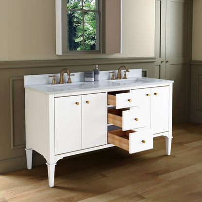 Woodbridge Roma 61" White Solid Wood Vanity Base With Gold Hardware and Carrara Engineered Stone Composite Top With 3 Pre-Drilled Holes