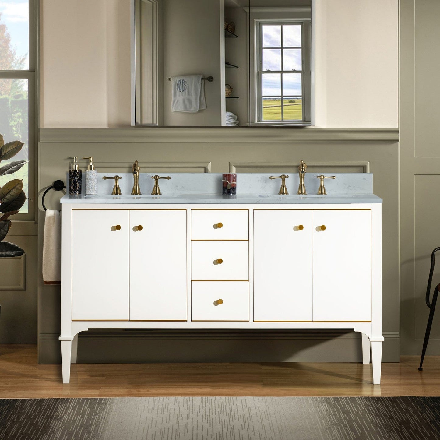 Woodbridge Roma 61" White Solid Wood Vanity Base With Gold Hardware and Carrara Engineered Stone Composite Top With 3 Pre-Drilled Holes