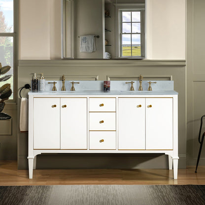 Woodbridge Roma 61" White Solid Wood Vanity Base With Gold Hardware and Carrara Engineered Stone Composite Top With 3 Pre-Drilled Holes