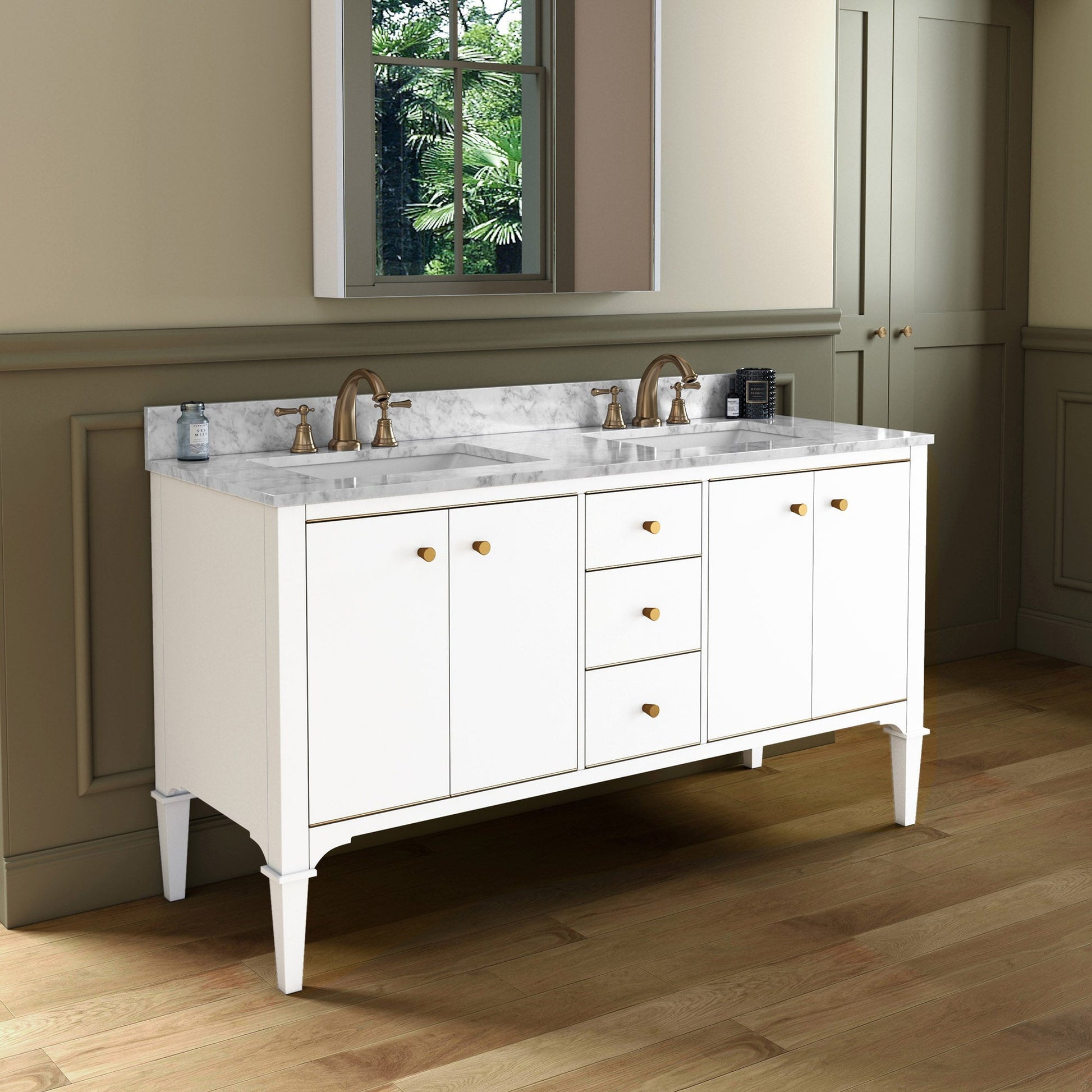 Woodbridge Roma 61" White Solid Wood Vanity Base With Gold Hardware and Carrara Marble Top With 3 Pre-Drilled Holes