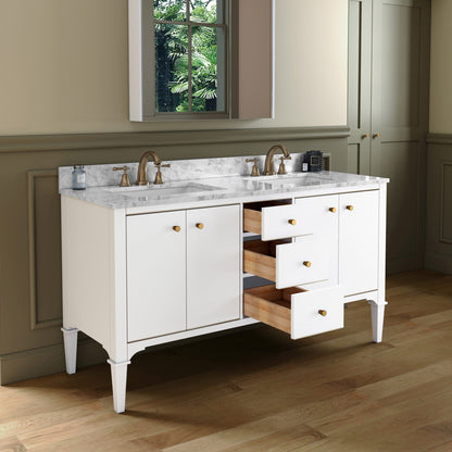 Woodbridge Roma 61" White Solid Wood Vanity Base With Gold Hardware and Carrara Marble Top With 3 Pre-Drilled Holes