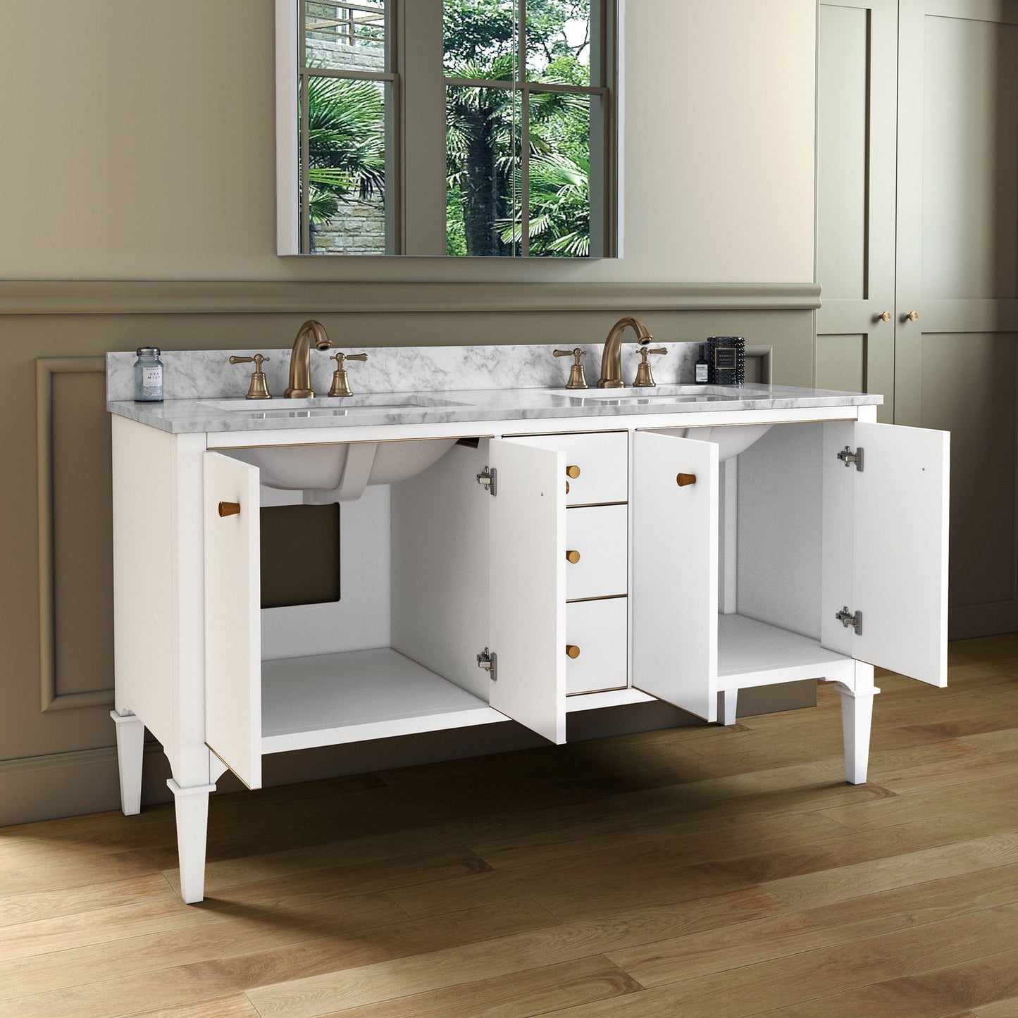 Woodbridge Roma 61" White Solid Wood Vanity Base With Gold Hardware and Carrara Marble Top With 3 Pre-Drilled Holes