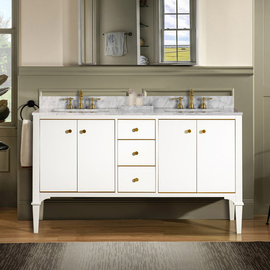 Woodbridge Roma 61" White Solid Wood Vanity Base With Gold Hardware and Carrara Marble Top With 3 Pre-Drilled Holes