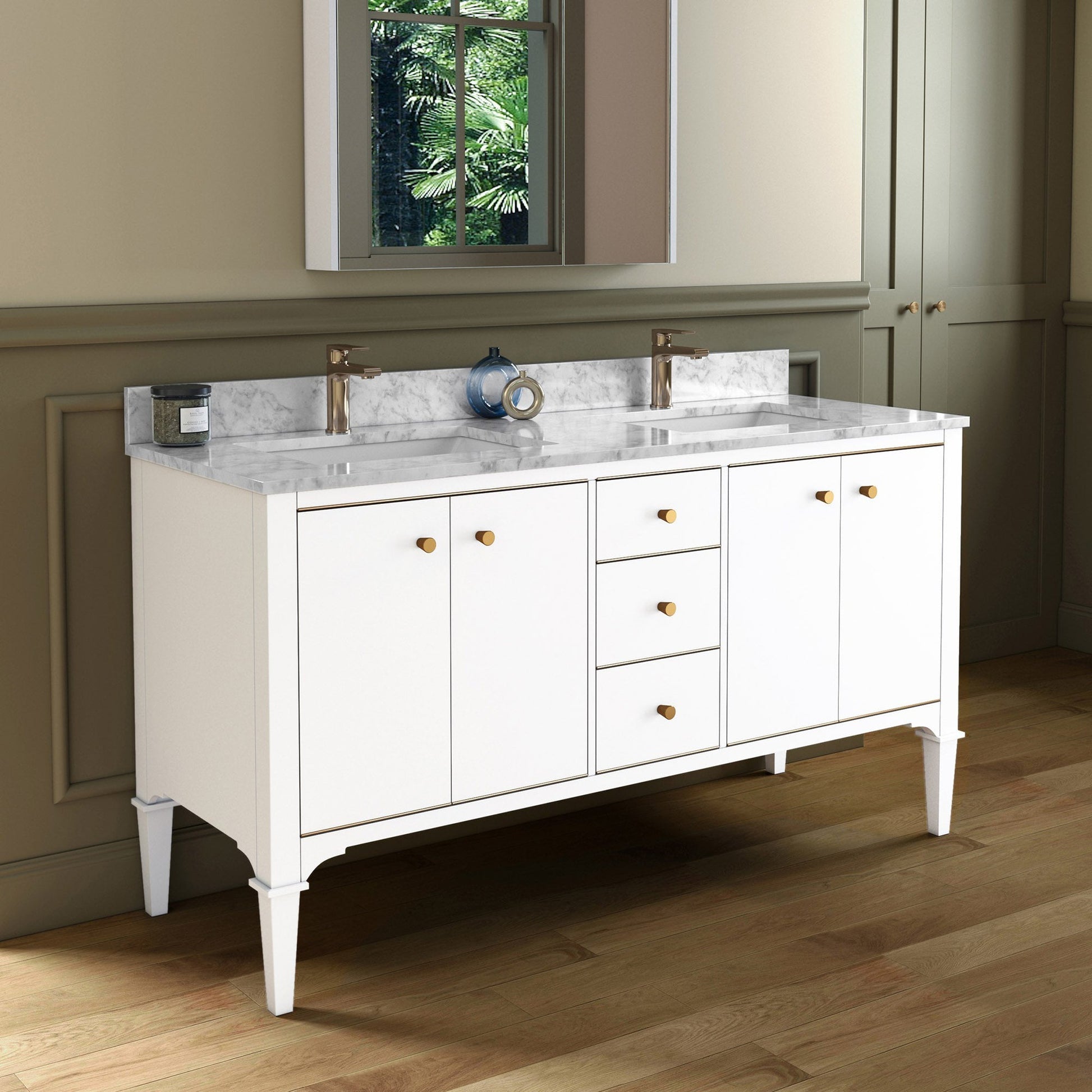 Woodbridge Roma 61" White Solid Wood Vanity Base With Gold Hardware and Carrara Marble Top With Pre-Drilled Hole for Single Hole Faucet