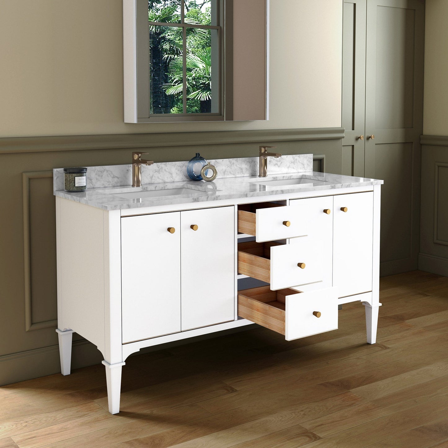 Woodbridge Roma 61" White Solid Wood Vanity Base With Gold Hardware and Carrara Marble Top With Pre-Drilled Hole for Single Hole Faucet