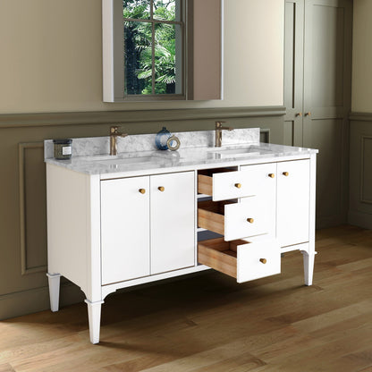 Woodbridge Roma 61" White Solid Wood Vanity Base With Gold Hardware and Carrara Marble Top With Pre-Drilled Hole for Single Hole Faucet