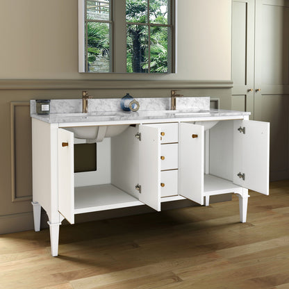 Woodbridge Roma 61" White Solid Wood Vanity Base With Gold Hardware and Carrara Marble Top With Pre-Drilled Hole for Single Hole Faucet
