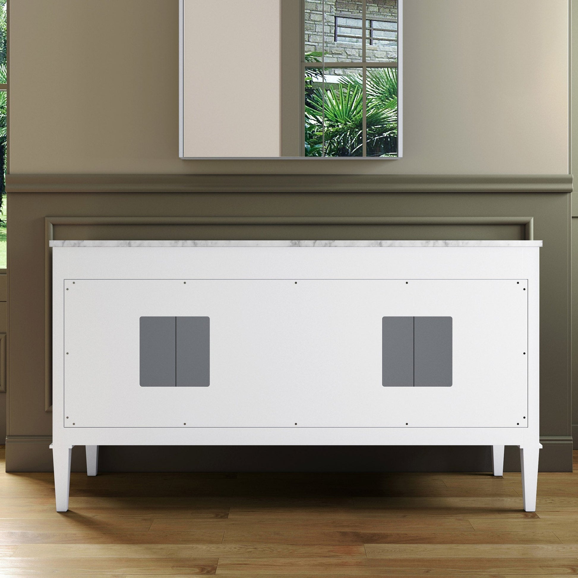 Woodbridge Roma 61" White Solid Wood Vanity Base With Gold Hardware and Carrara Marble Top With Pre-Drilled Hole for Single Hole Faucet