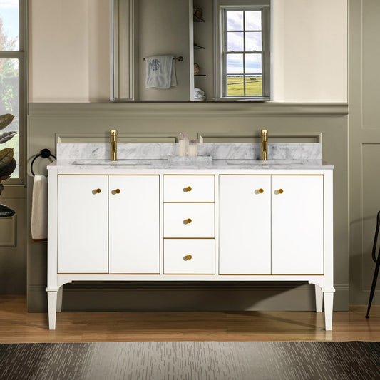 Woodbridge Roma 61" White Solid Wood Vanity Base With Gold Hardware and Carrara Marble Top With Pre-Drilled Hole for Single Hole Faucet