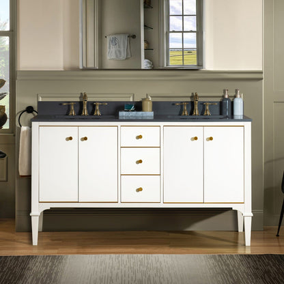 Woodbridge Roma 61" White Solid Wood Vanity Base With Gold Hardware and Dark Gray Engineered Stone Composite Top With 3 Pre-Drilled Holes
