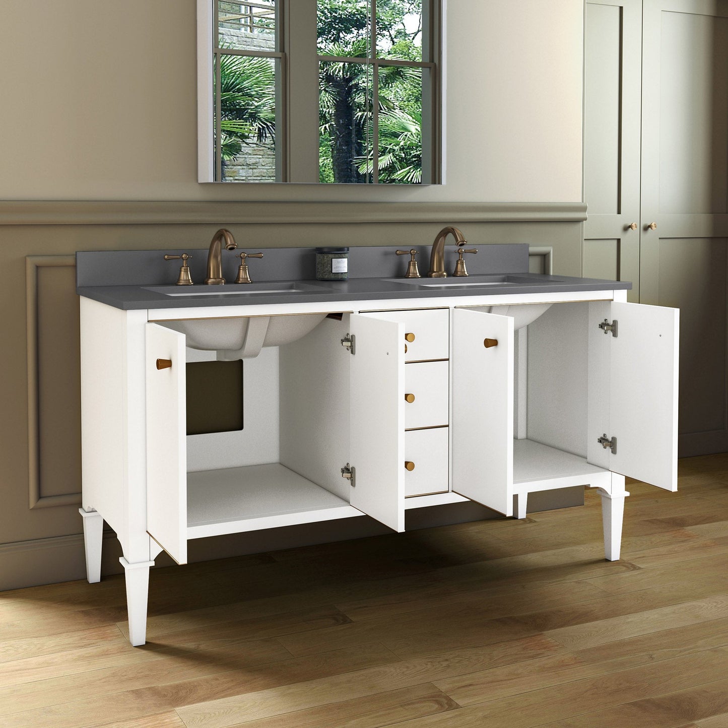 Woodbridge Roma 61" White Solid Wood Vanity Base With Gold Hardware and Dark Gray Engineered Stone Composite Top With 3 Pre-Drilled Holes