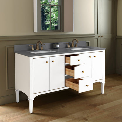 Woodbridge Roma 61" White Solid Wood Vanity Base With Gold Hardware and Dark Gray Engineered Stone Composite Top With 3 Pre-Drilled Holes