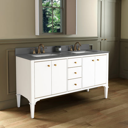Woodbridge Roma 61" White Solid Wood Vanity Base With Gold Hardware and Dark Gray Engineered Stone Composite Top With 3 Pre-Drilled Holes