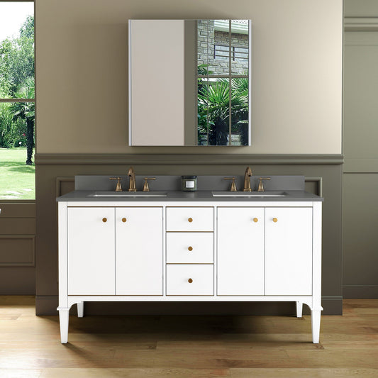 Woodbridge Roma 61" White Solid Wood Vanity Base With Gold Hardware and Dark Gray Engineered Stone Composite Top With 3 Pre-Drilled Holes