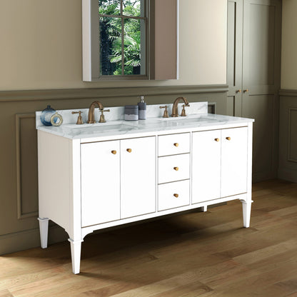 Woodbridge Roma 61" White Solid Wood Vanity Base With Gold Hardware and Fish Belly Engineered Stone Composite Top With 3 Pre-Drilled Holes