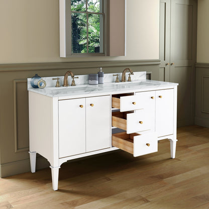 Woodbridge Roma 61" White Solid Wood Vanity Base With Gold Hardware and Fish Belly Engineered Stone Composite Top With 3 Pre-Drilled Holes