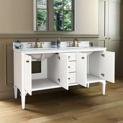 Woodbridge Roma 61" White Solid Wood Vanity Base With Gold Hardware and Fish Belly Engineered Stone Composite Top With 3 Pre-Drilled Holes