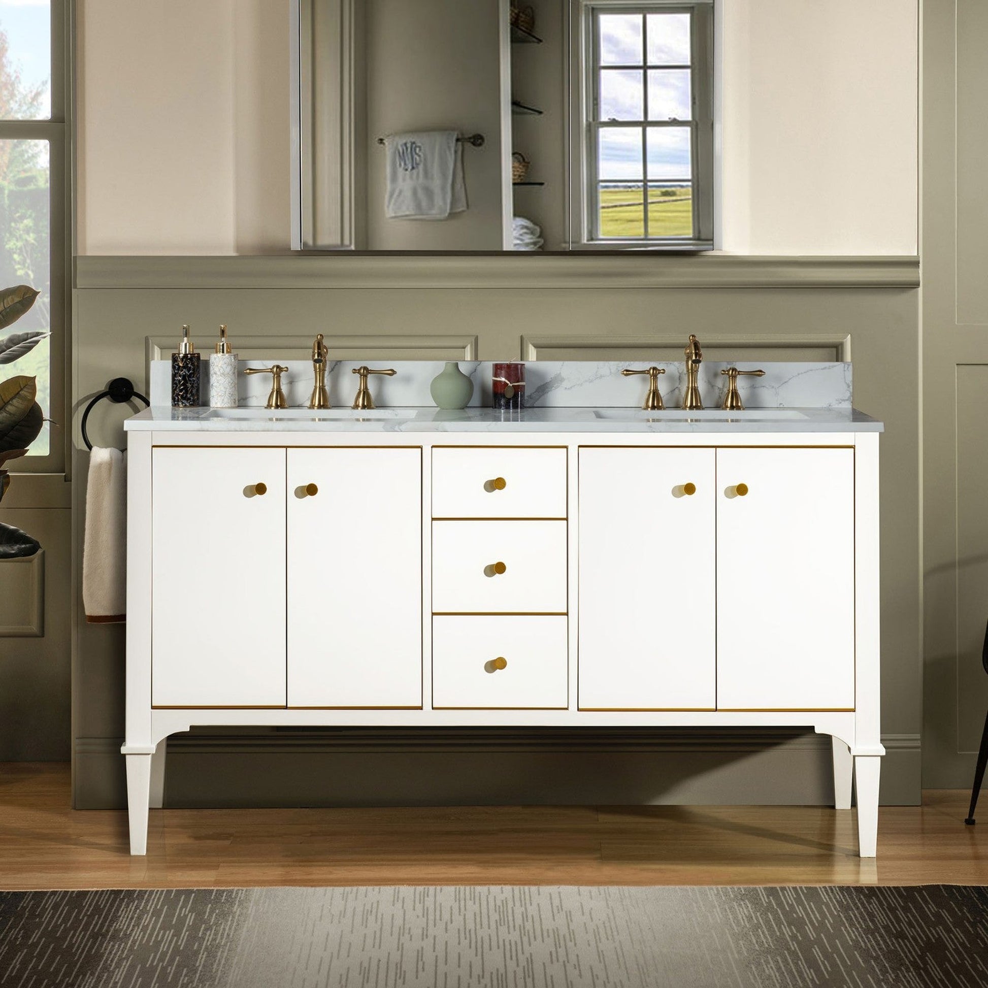 Woodbridge Roma 61" White Solid Wood Vanity Base With Gold Hardware and Fish Belly Engineered Stone Composite Top With 3 Pre-Drilled Holes