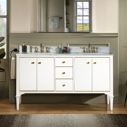 Woodbridge Roma 61" White Solid Wood Vanity Base With Gold Hardware and Fish Belly Engineered Stone Composite Top With 3 Pre-Drilled Holes