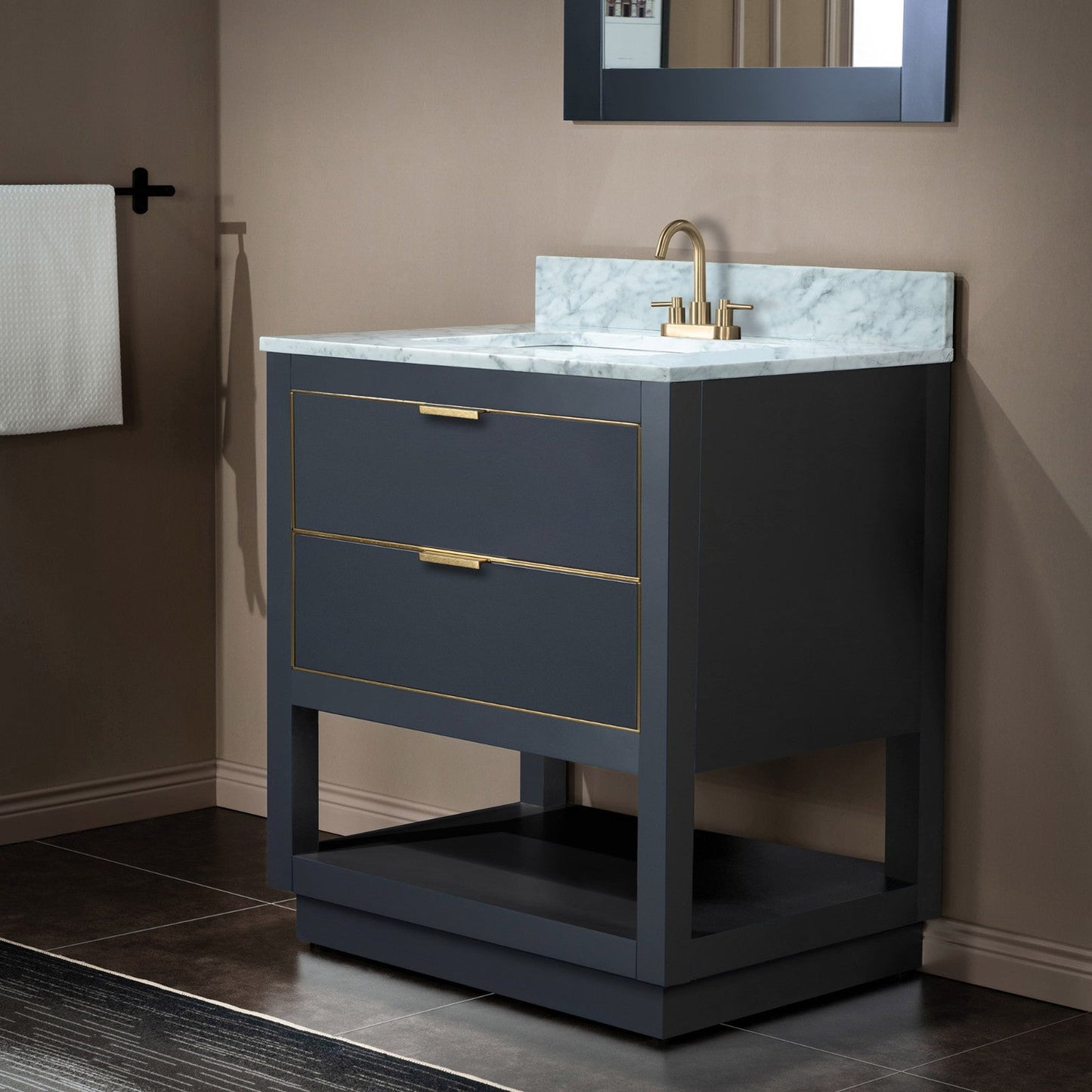 Woodbridge Venice 31" Gray and Gold Trim Solid Wood Vanity Base and Carrara Marble Top With 3 Pre-Drilled Holes for 4" Centerset Faucet