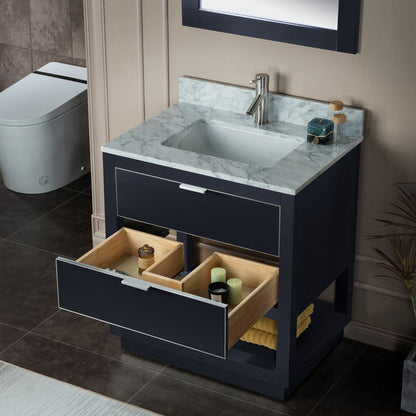 Woodbridge Venice 31" Gray and Gold Trim Solid Wood Vanity Base and Carrara Marble Top With 3 Pre-Drilled Holes for 4" Centerset Faucet