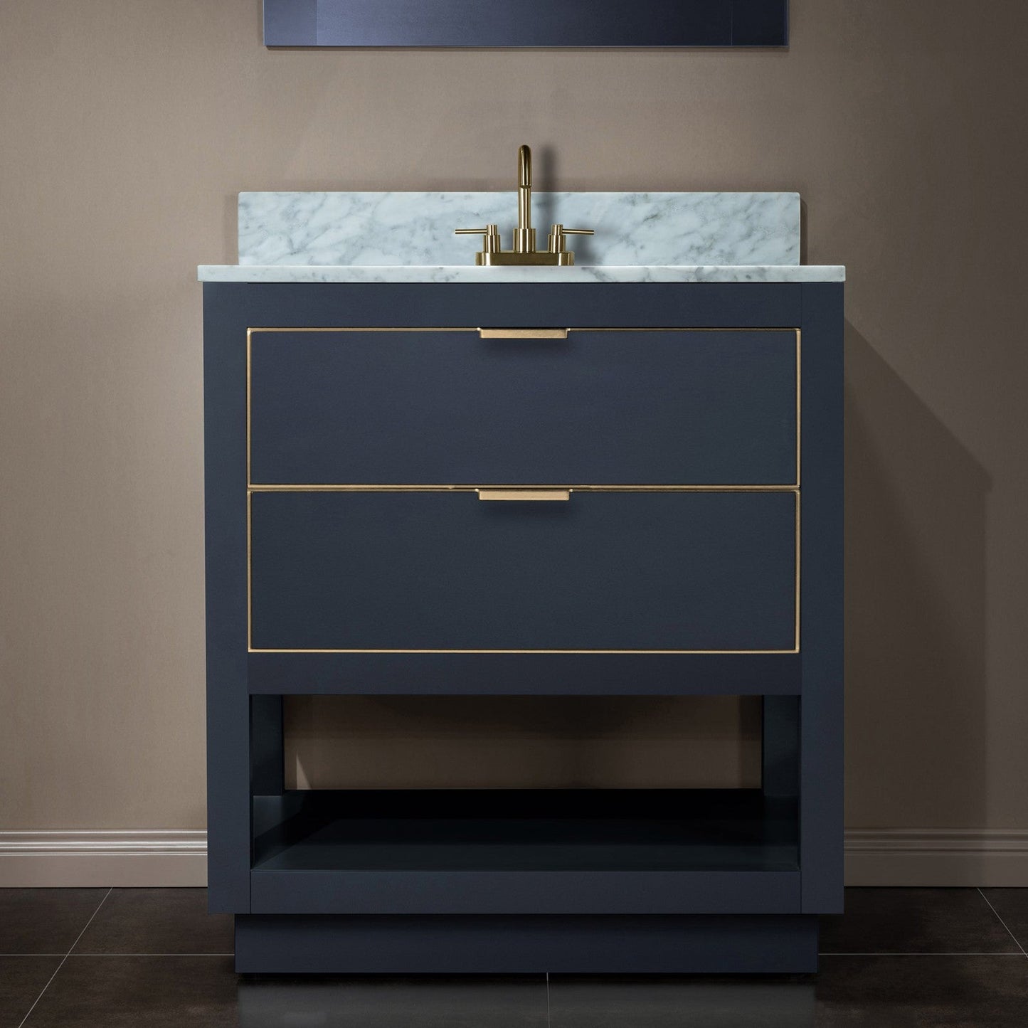 Woodbridge Venice 31" Gray and Gold Trim Solid Wood Vanity Base and Carrara Marble Top With 3 Pre-Drilled Holes for 4" Centerset Faucet