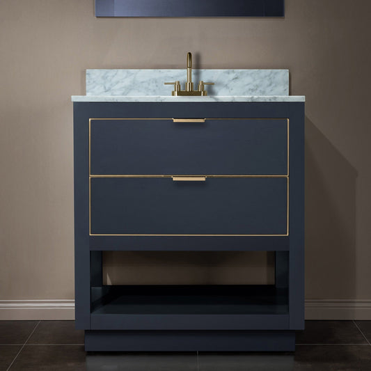 Woodbridge Venice 31" Gray and Gold Trim Solid Wood Vanity Base and Carrara Marble Top With 3 Pre-Drilled Holes for 4" Centerset Faucet