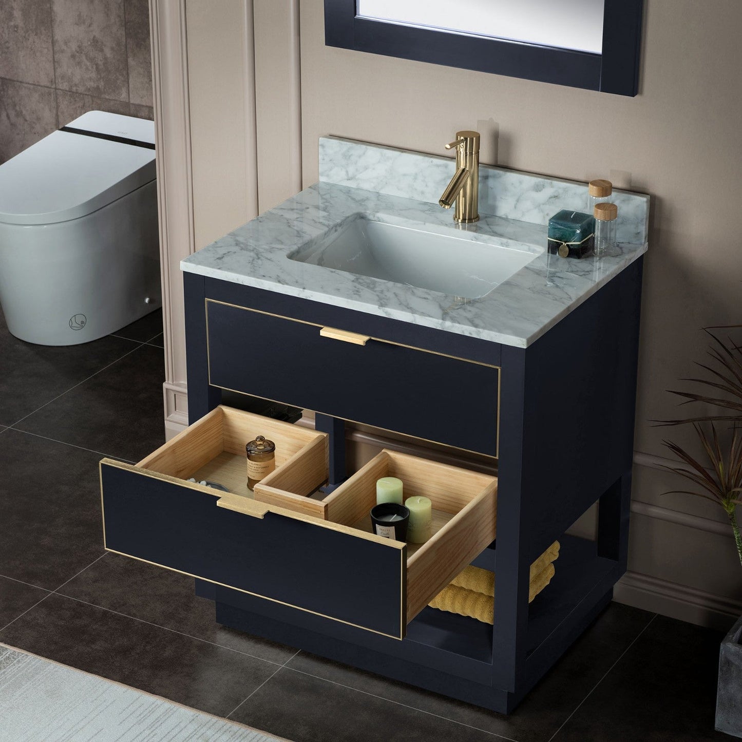 Woodbridge Venice 31" Gray and Gold Trim Solid Wood Vanity Base and Carrara Marble Top With Pre-Drilled Single Hole Faucet