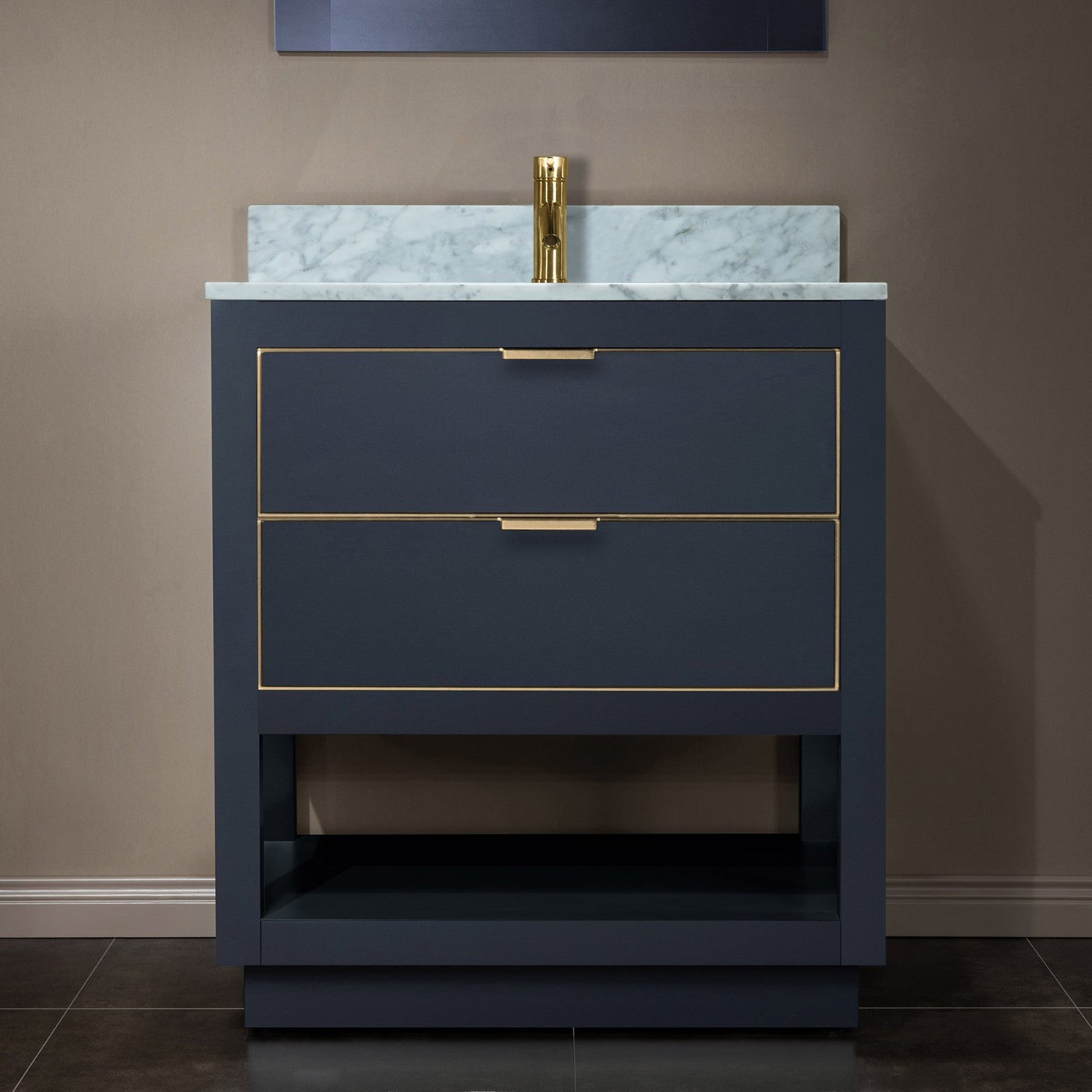 Woodbridge Venice 31" Gray and Gold Trim Solid Wood Vanity Base and Carrara Marble Top With Pre-Drilled Single Hole Faucet