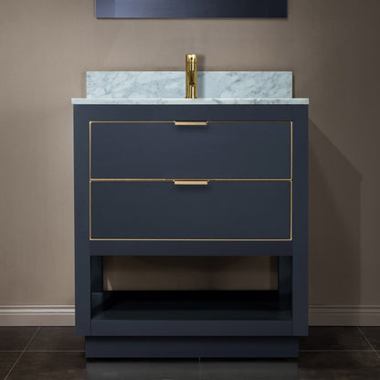 Woodbridge Venice 31" Gray and Gold Trim Solid Wood Vanity Base and Carrara Marble Top With Pre-Drilled Single Hole Faucet