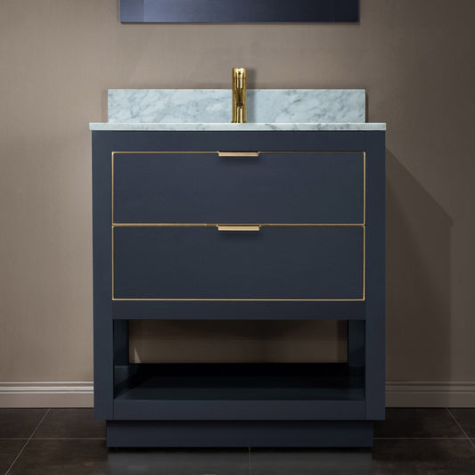 Woodbridge Venice 31" Gray and Gold Trim Solid Wood Vanity Base and Carrara Marble Top With Pre-Drilled Single Hole Faucet