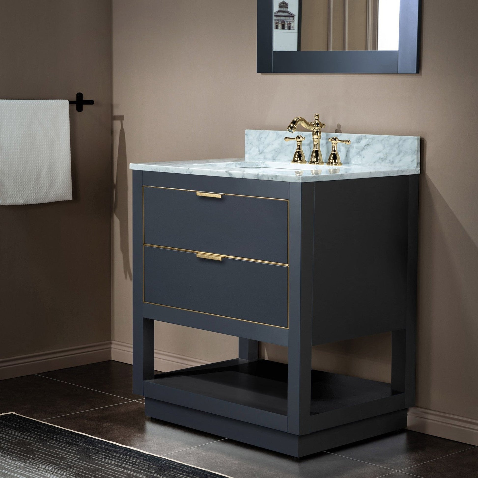 Woodbridge Venice 31" Gray and Gold Trim Solid Wood Vanity Base and Carrara Marble Vanity Top With 3 Pre-drilled Holes for 8" Widespread Faucet