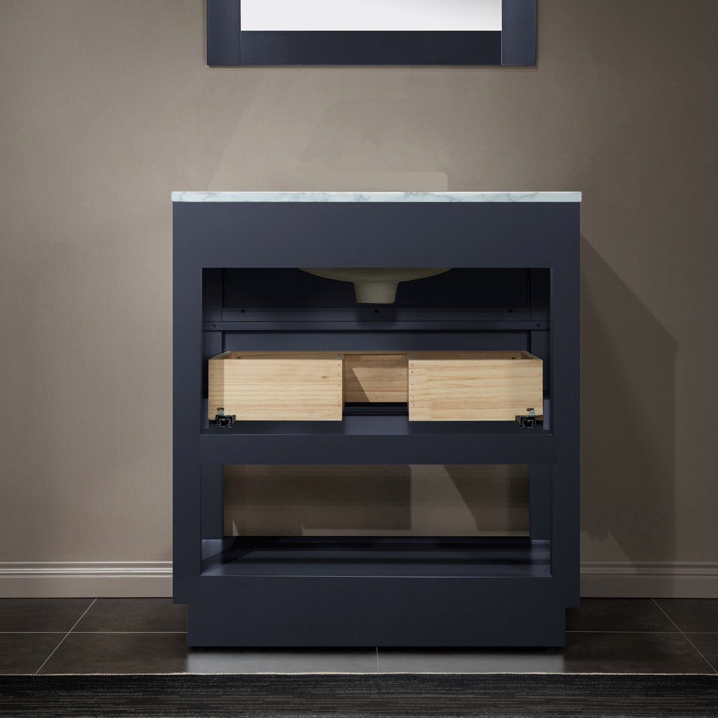 Woodbridge Venice 31" Gray and Gold Trim Solid Wood Vanity Base and Carrara Marble Vanity Top With 3 Pre-drilled Holes for 8" Widespread Faucet