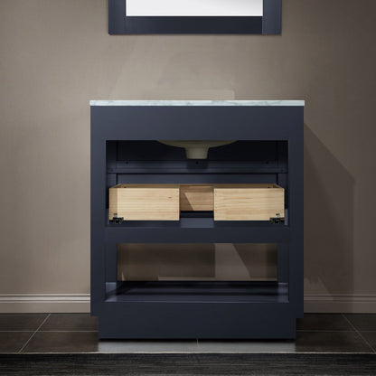 Woodbridge Venice 31" Gray and Gold Trim Solid Wood Vanity Base and Carrara Marble Vanity Top With 3 Pre-drilled Holes for 8" Widespread Faucet