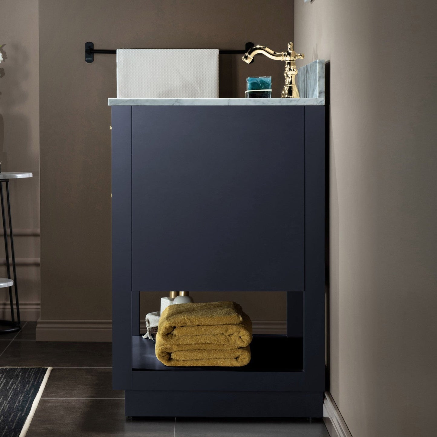 Woodbridge Venice 31" Gray and Gold Trim Solid Wood Vanity Base and Carrara Marble Vanity Top With 3 Pre-drilled Holes for 8" Widespread Faucet